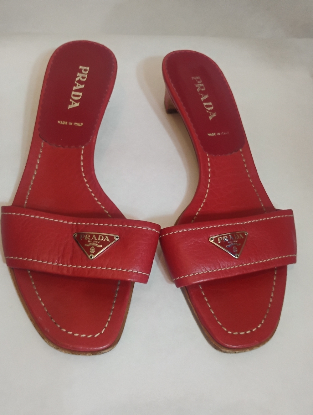 PRADA Iconic Logo Triangle  Logo Heeled Red Leather PhoSexy Leather Size  38 Y2K